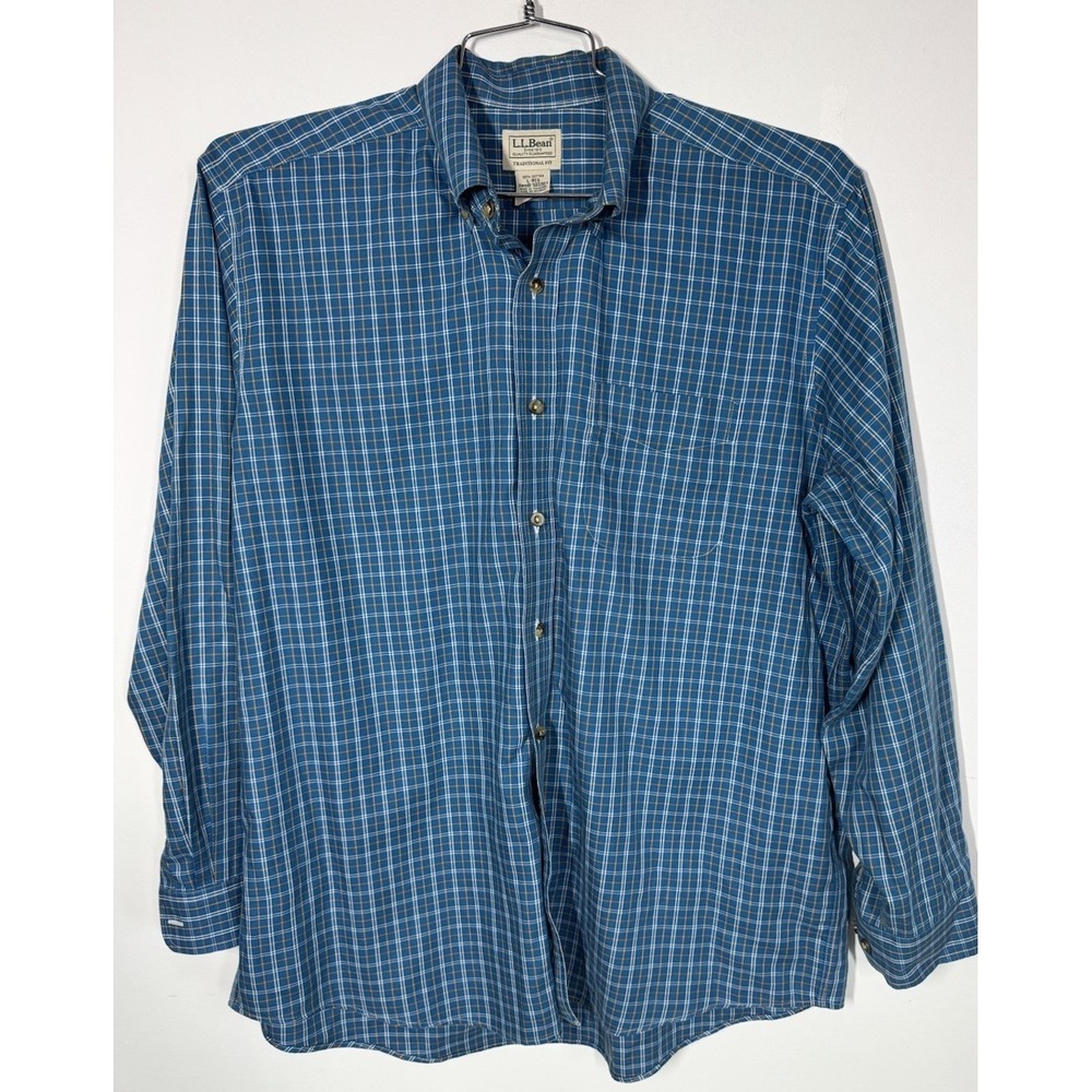 LL Bean Long Sleeve Button Down Pocket Shirt Green Check‎ Men's L Classic Preppy